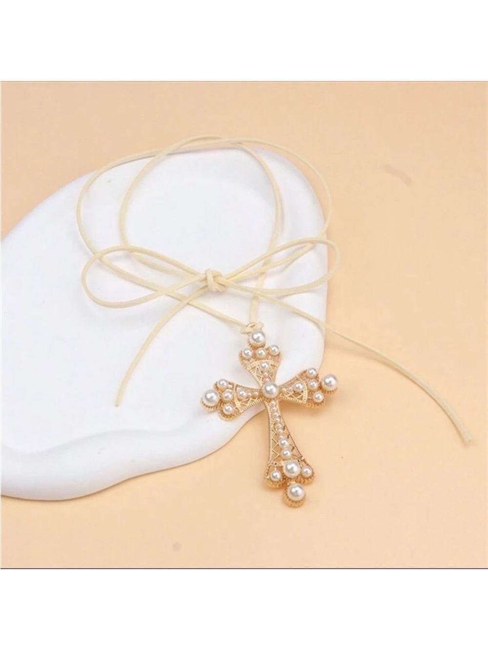 Pearl-Embellished Cross Pendant Necklace A135